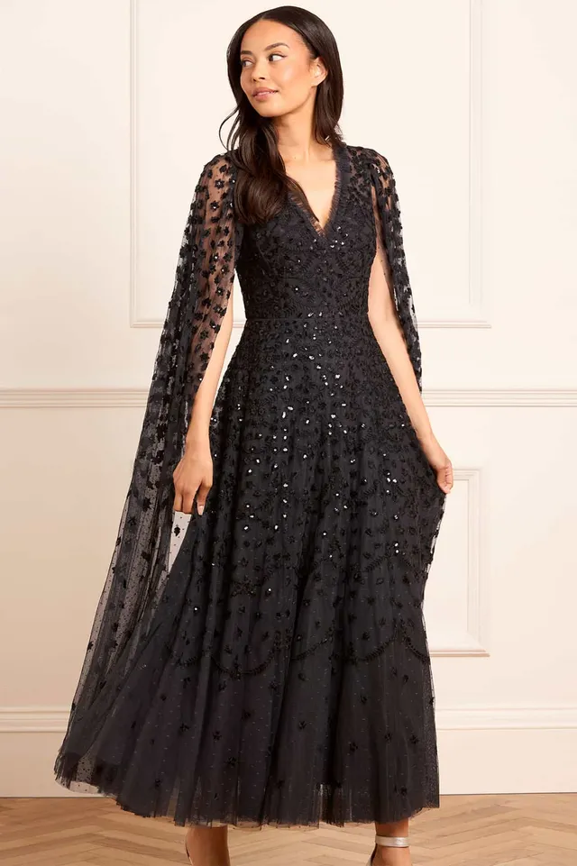 Needle & Thread Clover Cape Ankle Gown suknia czarna haftowana