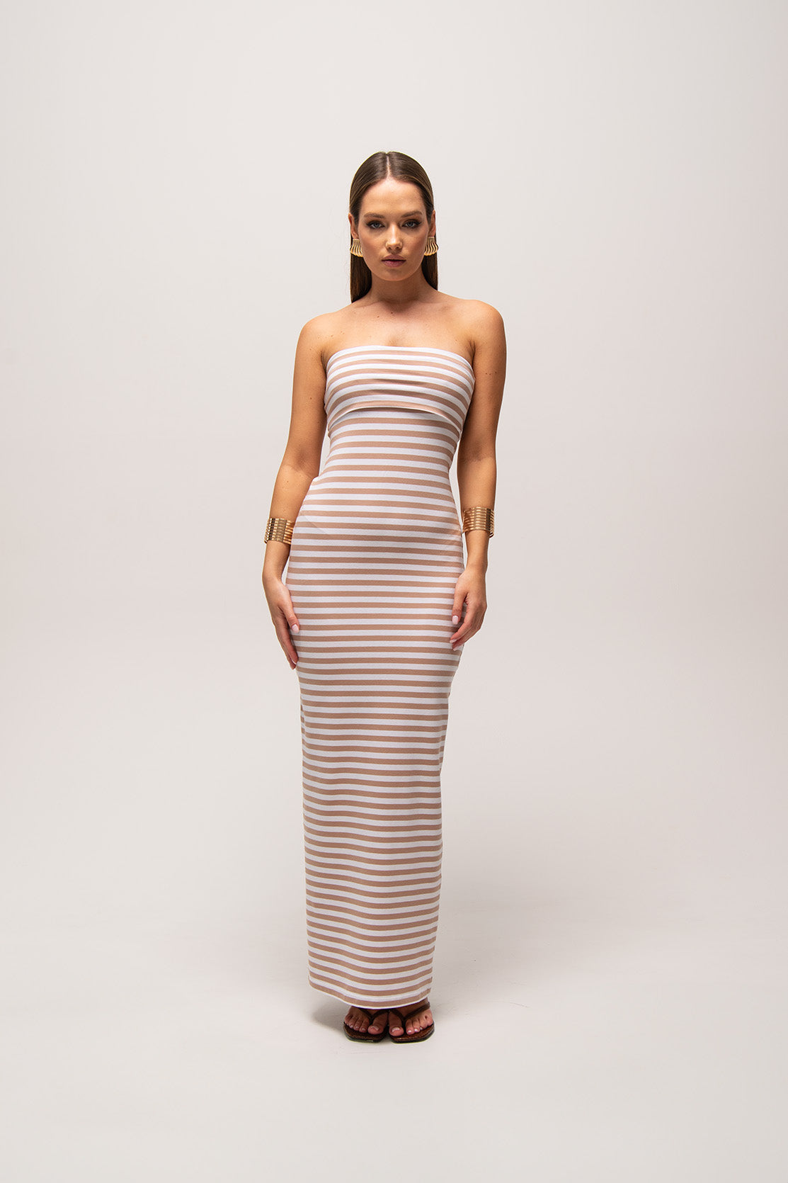 Nudyess Sandy sukienka maxi Beige Stripes bawełniana