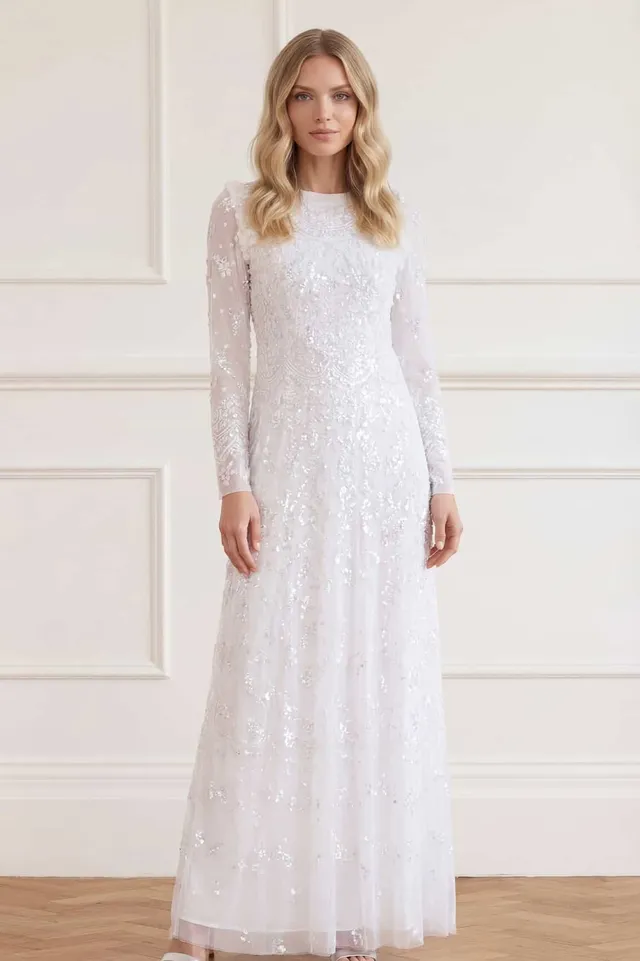 Needle & Thread Freya Long Sleeve sukienka biała cekinowa