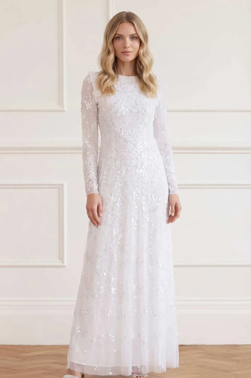 Needle & Thread Freya Long Sleeve sukienka biała cekinowa
