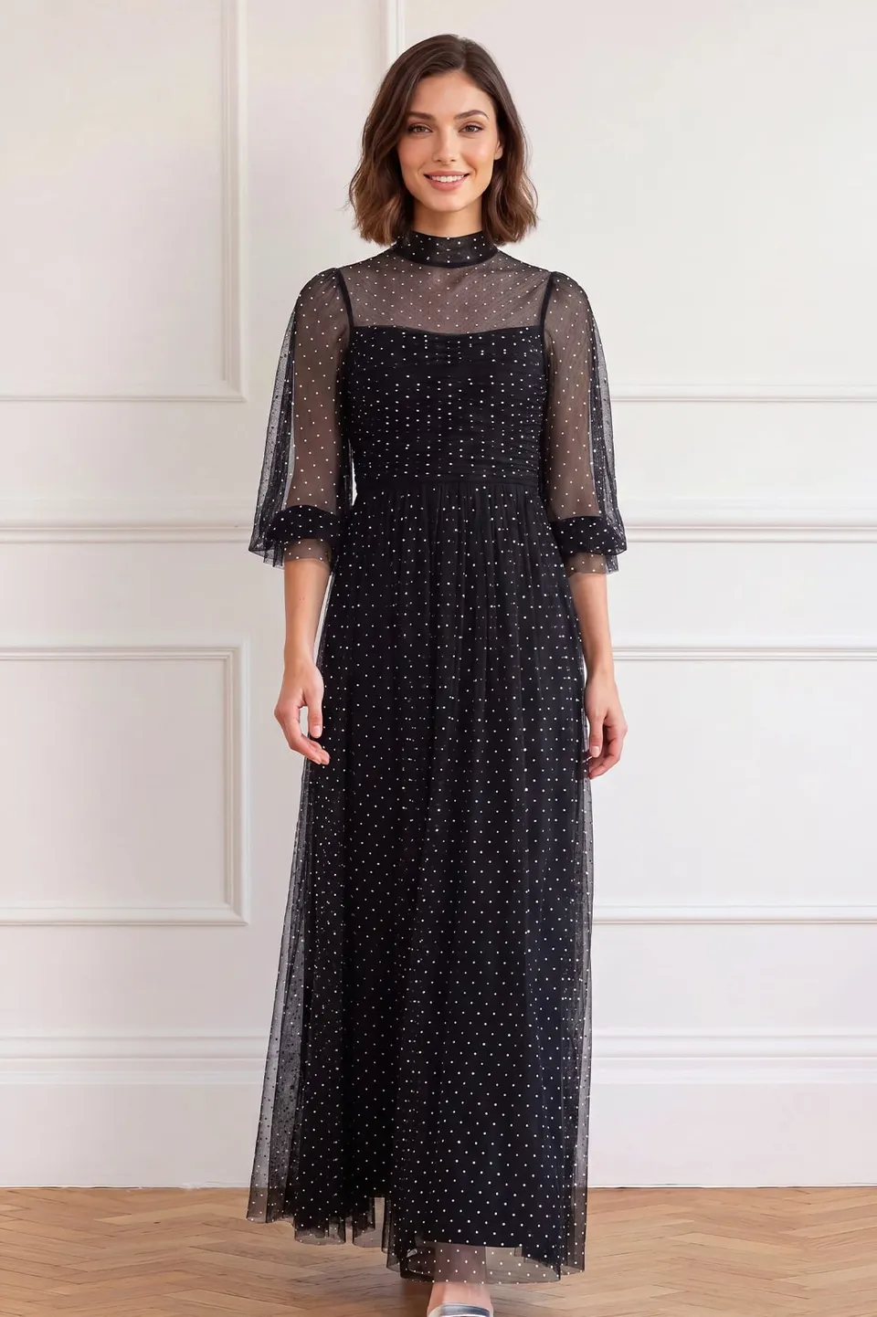 Needle & Thread Amaya Shimmer Long Sleeve Gown sukienka czarna
