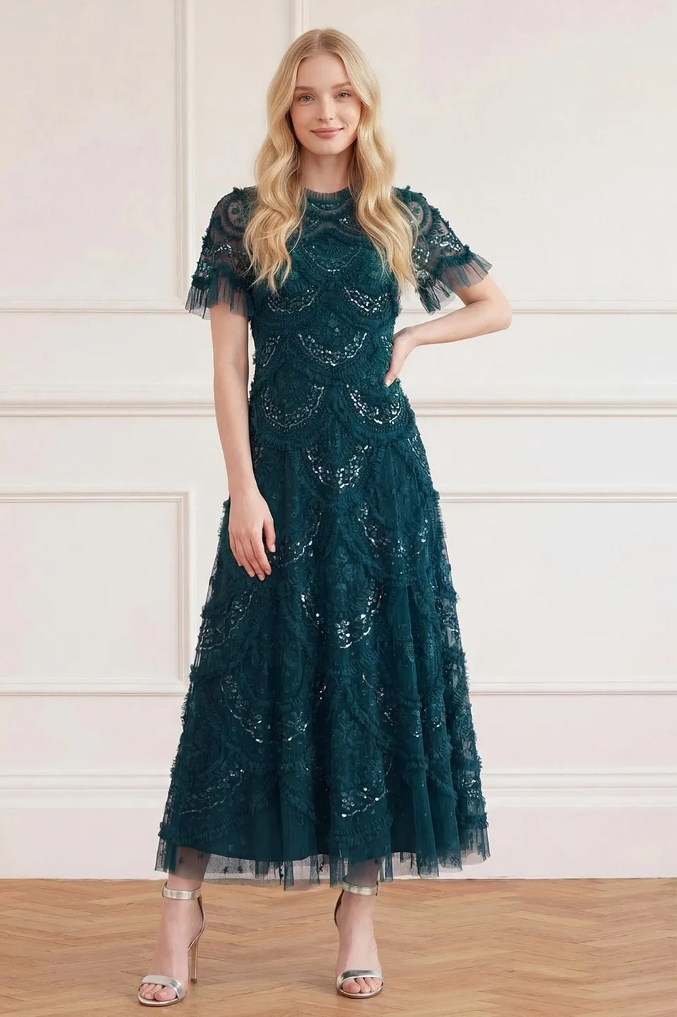 Needle & Thread Carmen Ruffle Ankle Gown sukienka zielona