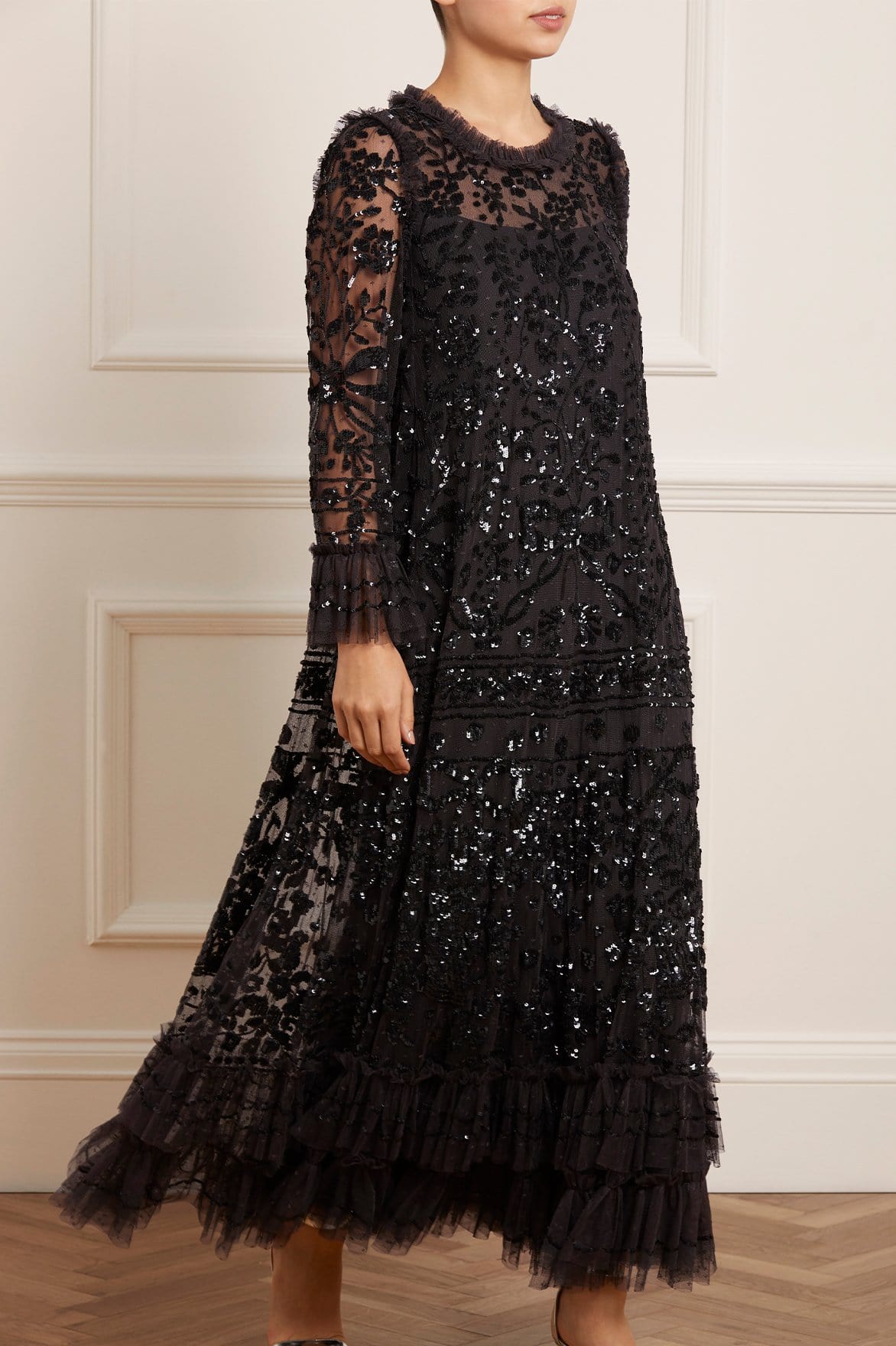 Needle & Thread Celia Long Sleeve Ankle Gown suknia czarna