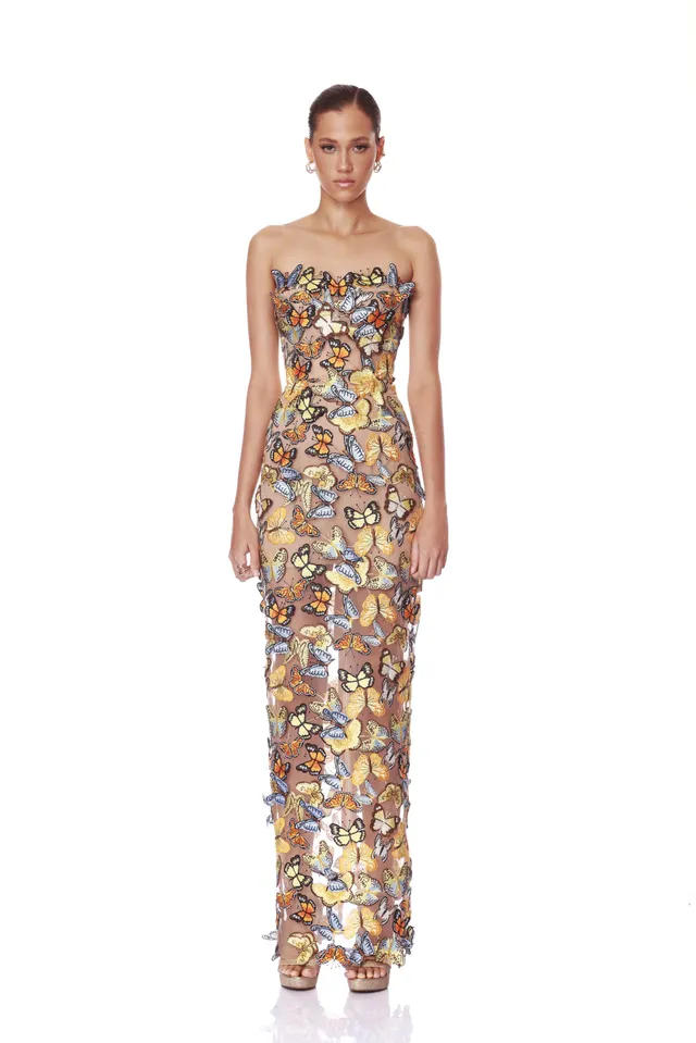 Bronx and Banco Bella 3D Butterfly Dahlia sukienka maxi złota