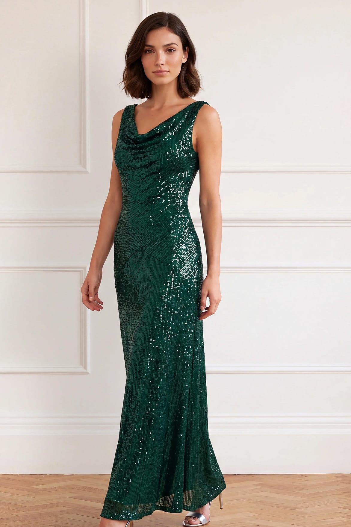 Needle & Thread Evangeline Sequin Cowl Neck Gown suknia zielona