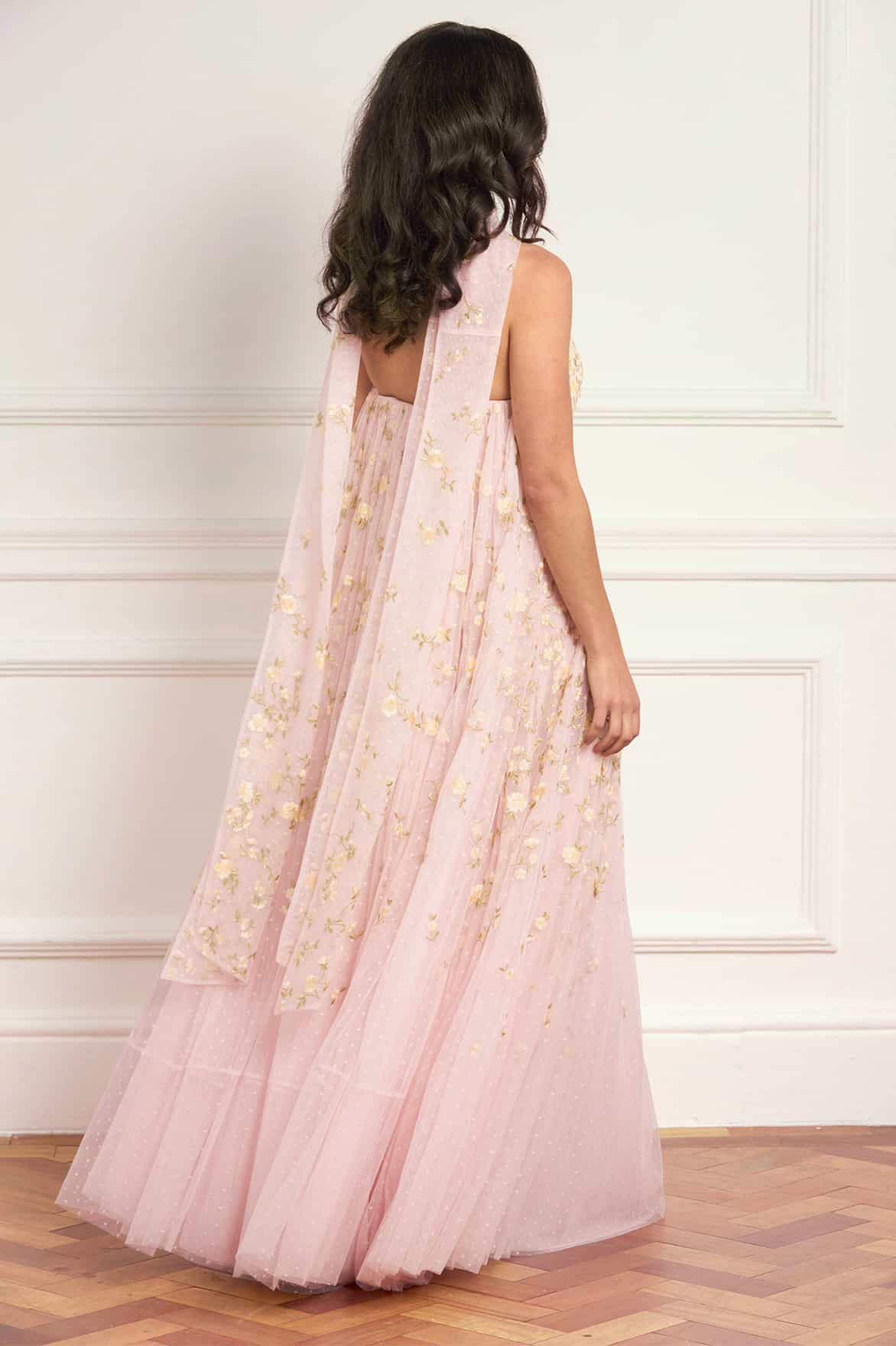 Needle & Thread Lea Ditsy Strapless Cape Gown sukienka różowa haft