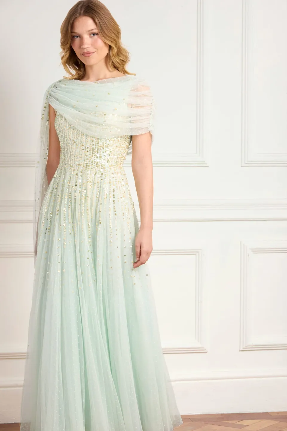 Needle & Thread Moonlight Sequin Draped Gown sukienka zielona cekinowa