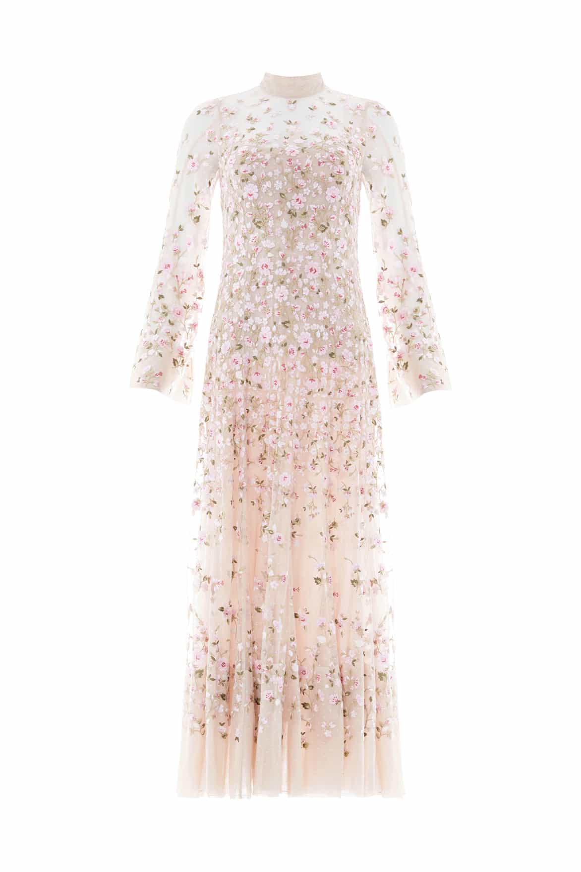 Needle & Thread Sylvia Rose Long Sleeve Ankle Gown sukienka kremowa haft
