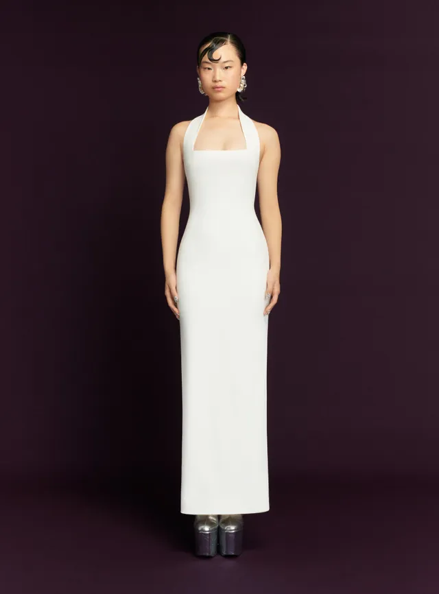 Solace London Ilona sukienka maxi kremowa halter ślubna
