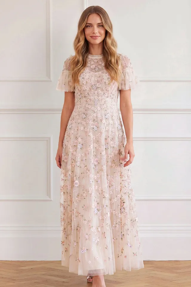 Needle & Thread Floral Waltz Ankle Gown sukienka Cream haftowana