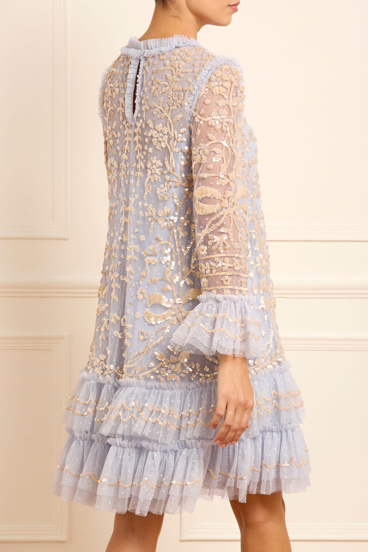 Needle & Thread Celia sukienka mini Blue cekinowa długi rękaw