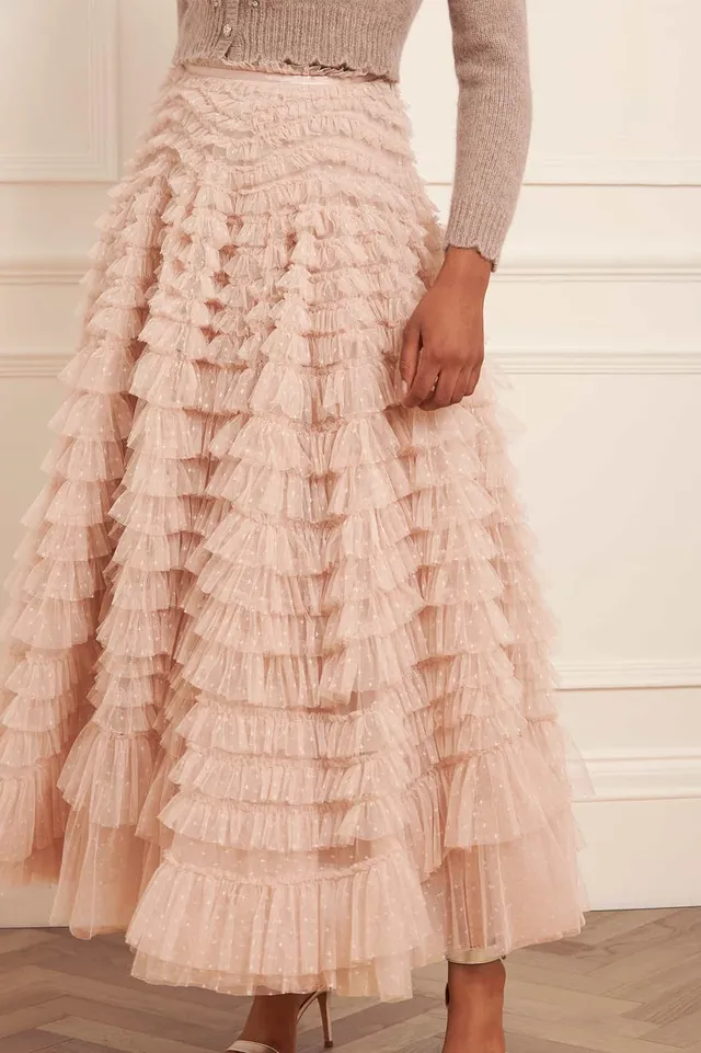 Needle & Thread Hattie Ruffle Ankle Skirt spódnica beżowa tiul