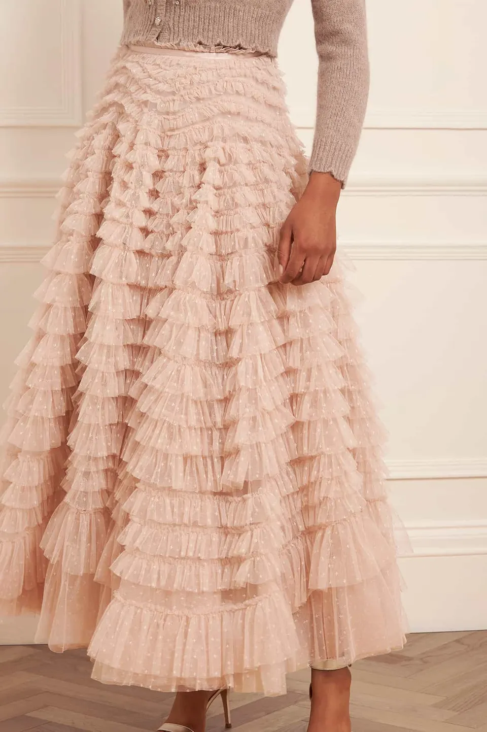 Needle & Thread Hattie Ruffle Ankle Skirt spódnica beżowa tiul