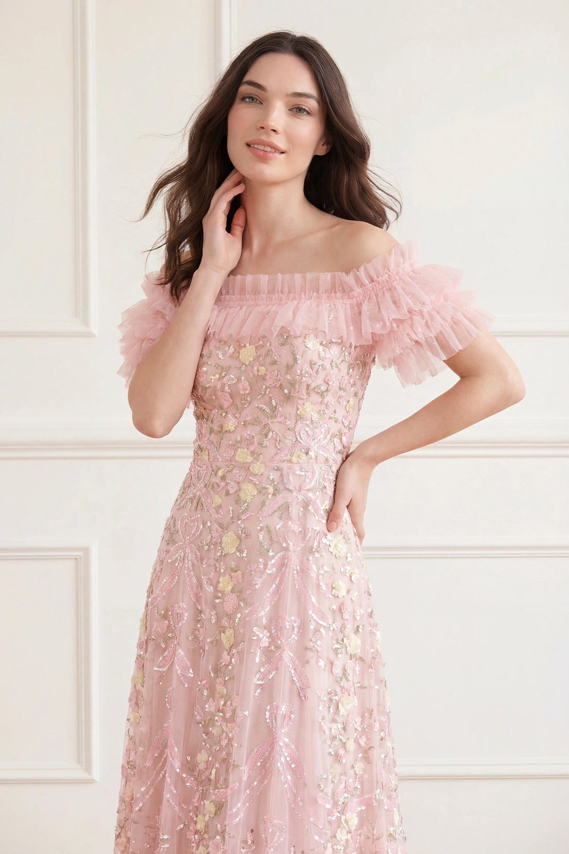 Needle & Thread Ribbon Heart Off-Shoulder Ankle Gown sukienka różowa