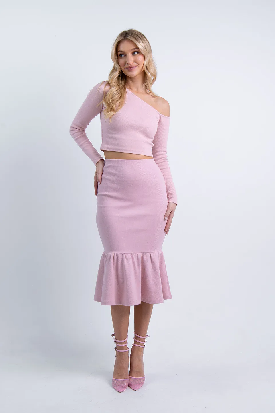 Nudyess Mermaid spódnica midi różowa z falbaną