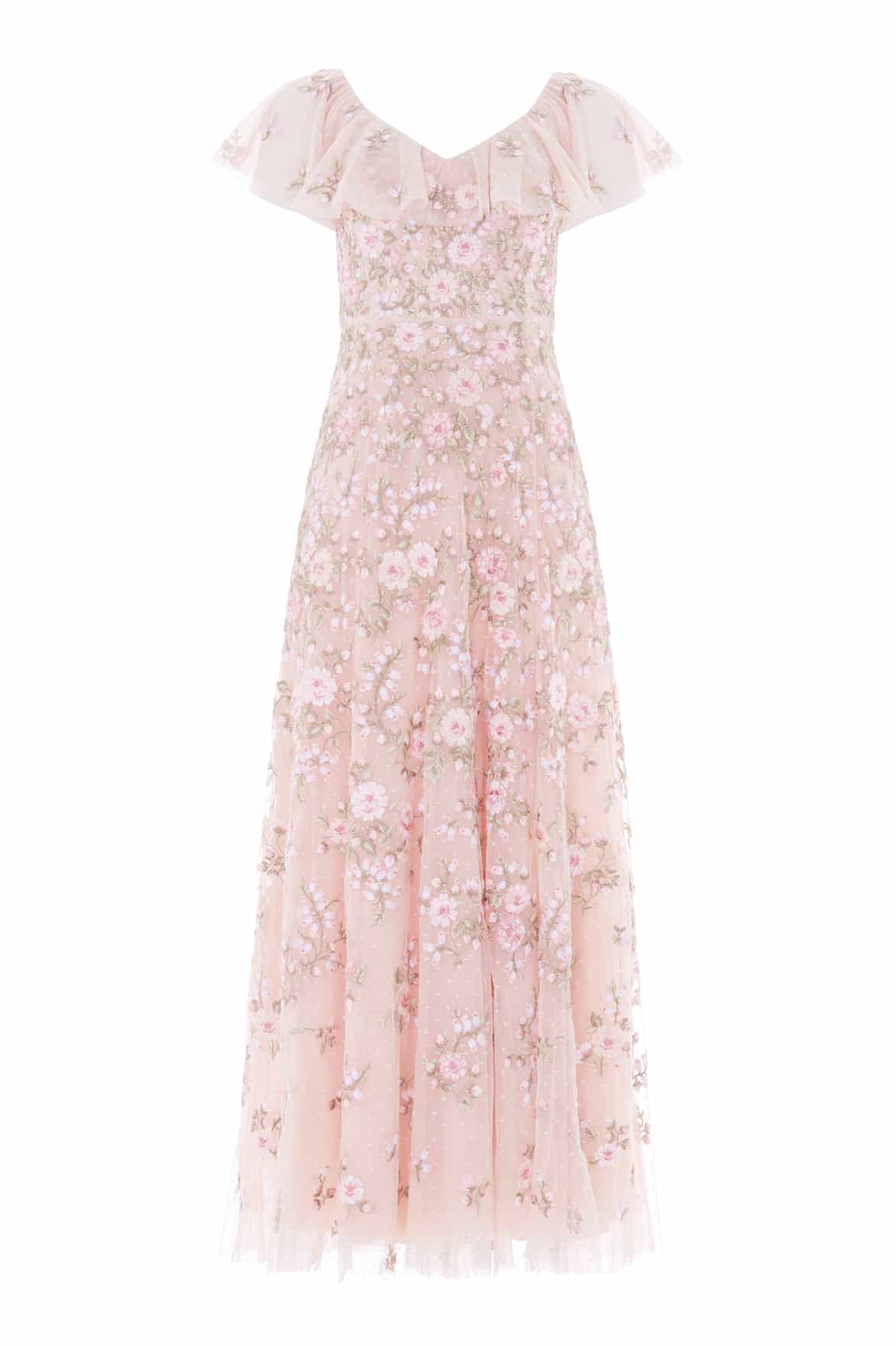Needle & Thread Eden Rose V-Neck Ankle Gown sukienka różowa haftowana