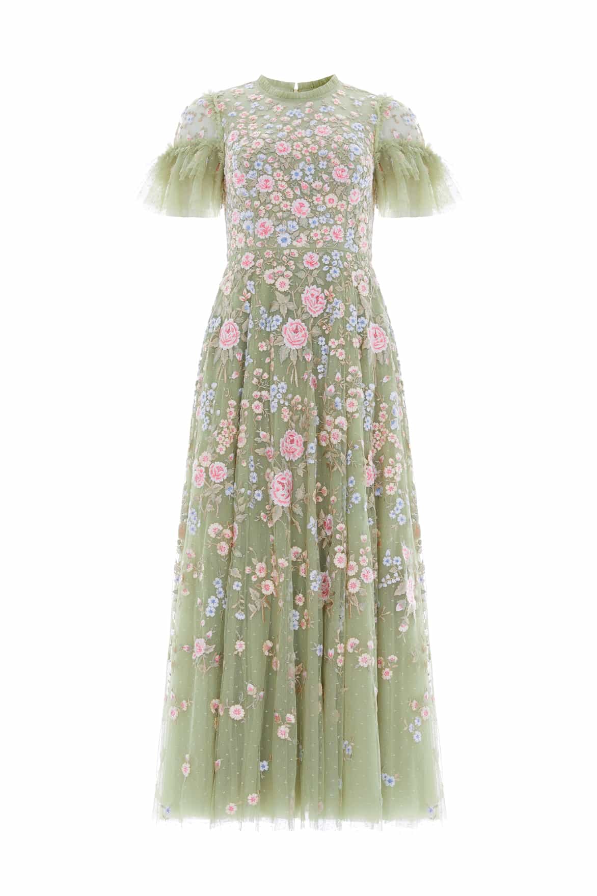 Needle & Thread Antoinettes Floral Round Neck Ankle Gown sukienka zielona haft