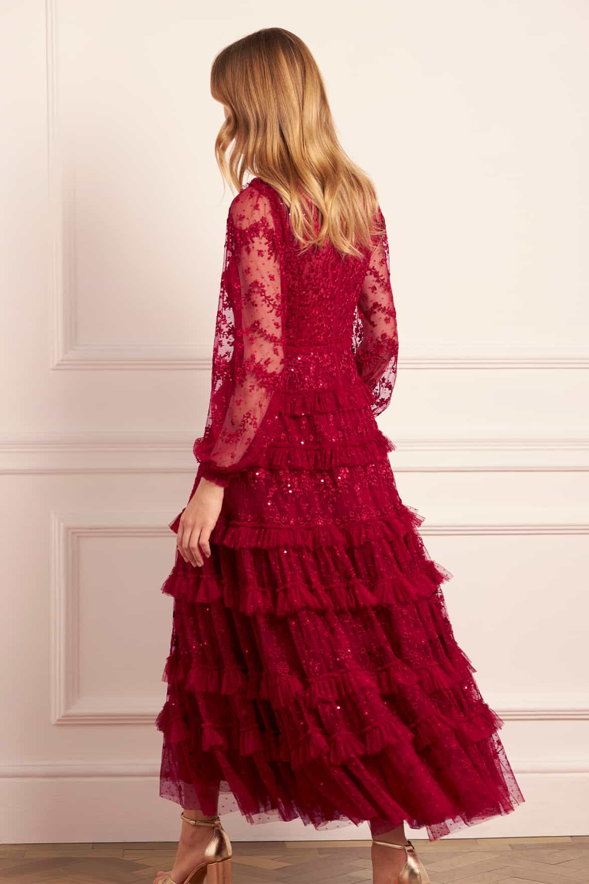 Needle & Thread Blossom Lace Ankle Gown sukienka czerwona koronkowa