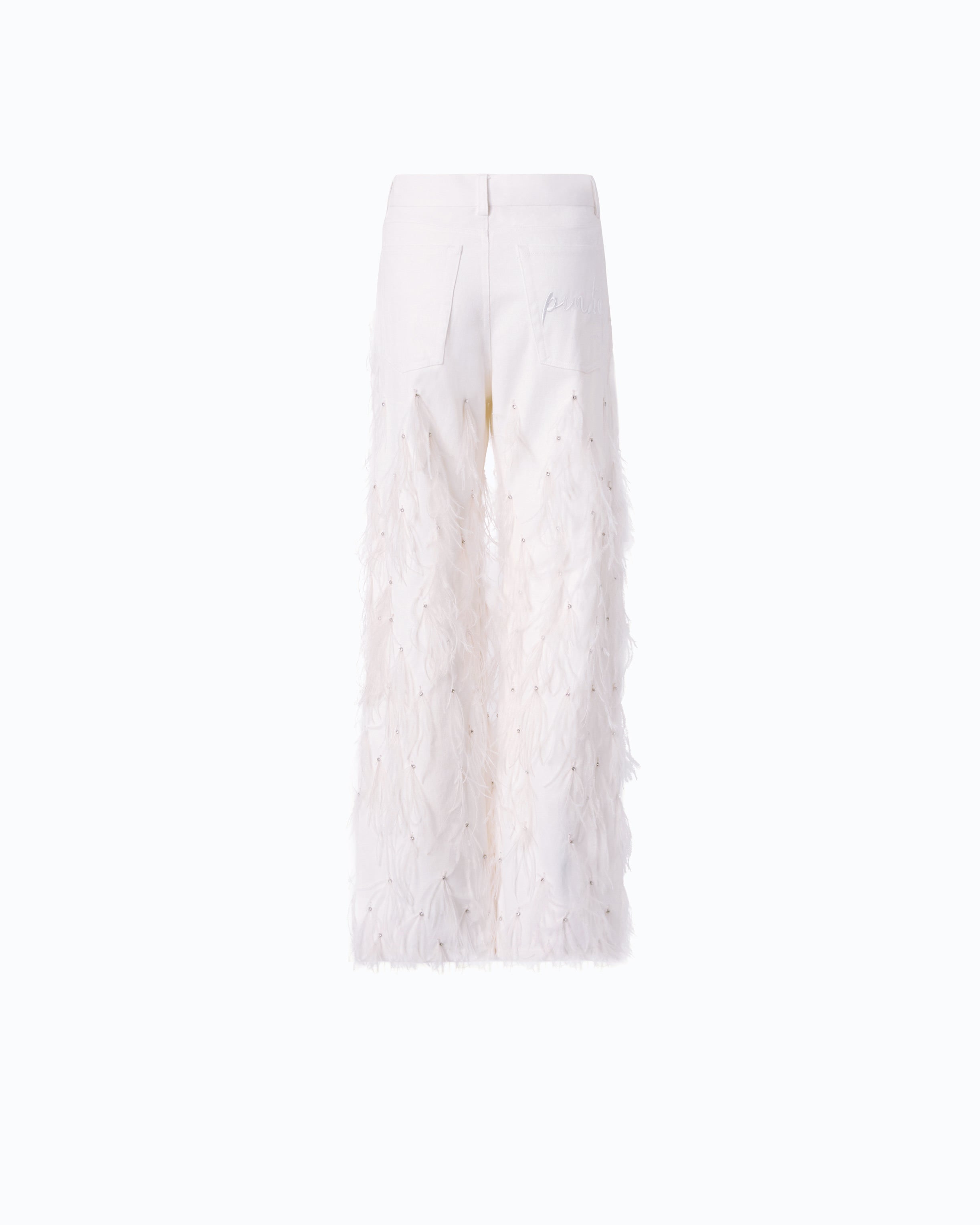Pinko Tigra Wide Leg spodnie eleganckie białe z piórami