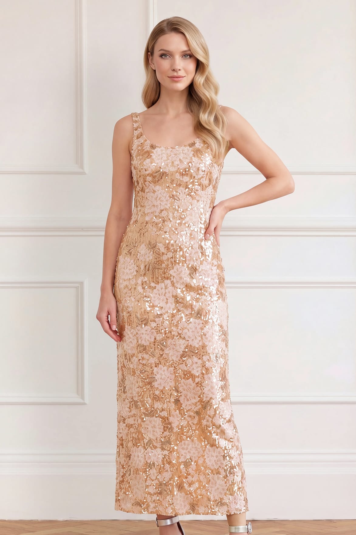 Needle & Thread Wisteria Shimmer Georgette suknia Gold cekiny