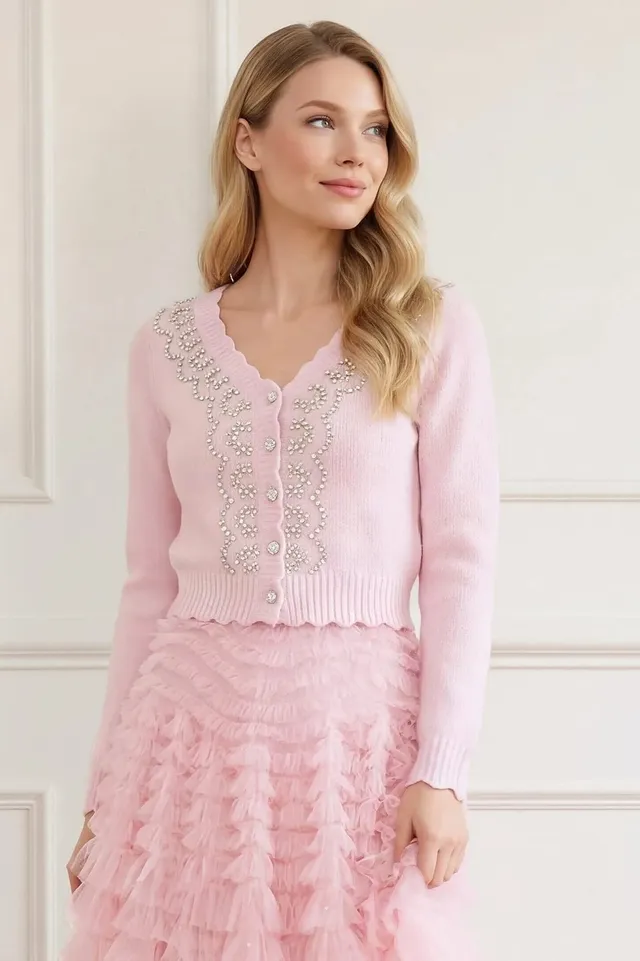 Needle & Thread Embellished V-Neck kardigan rozowy krotki