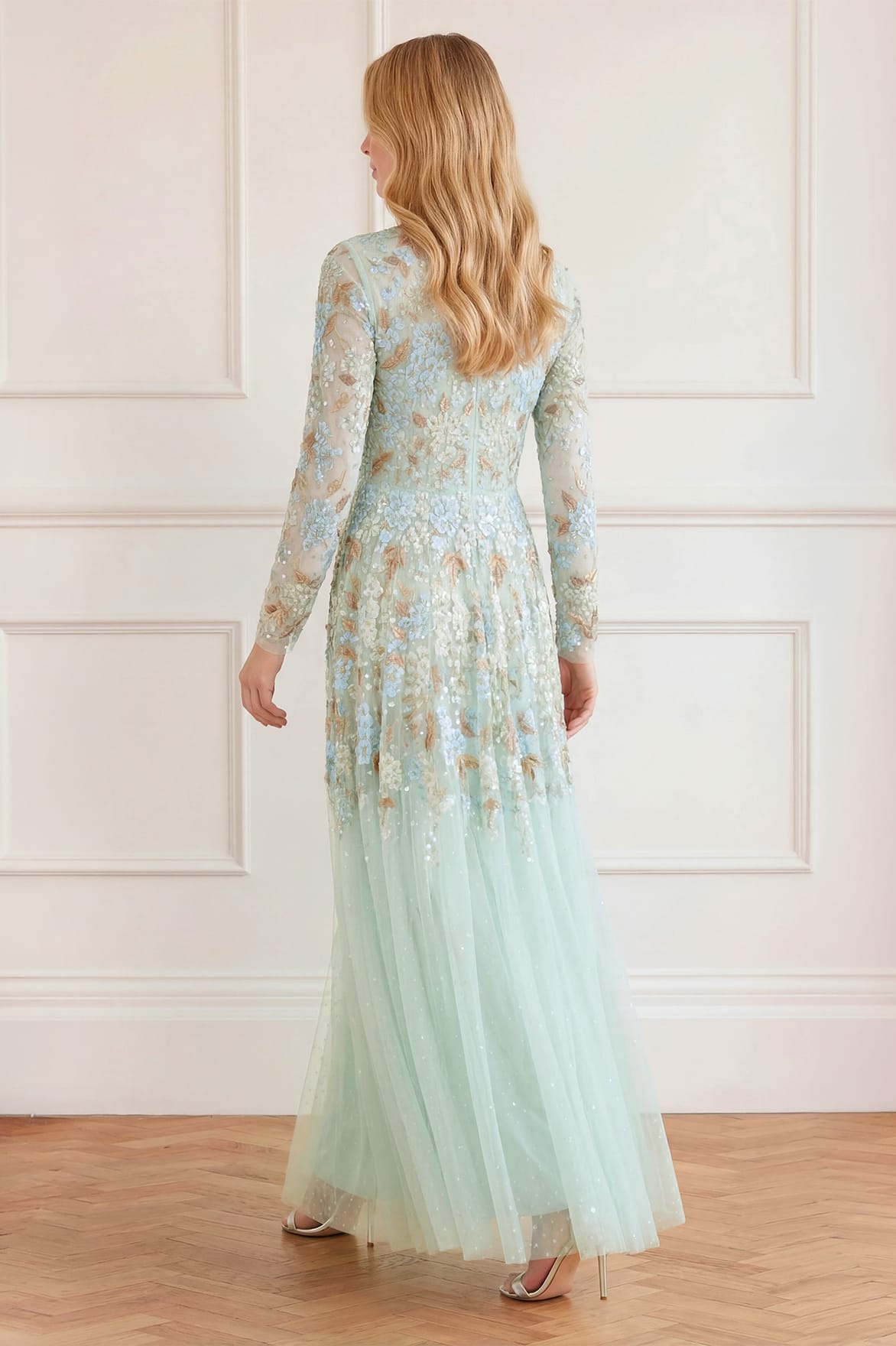 Needle & Thread Wisteria Dot Long Sleeve Gown suknia zielona