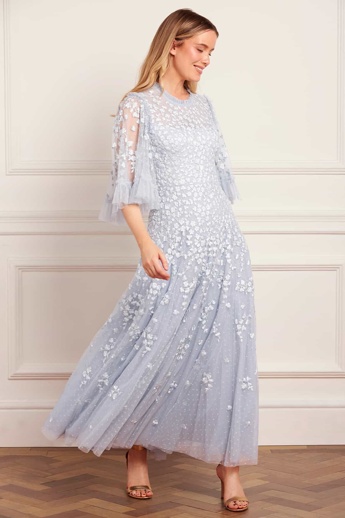 Needle & Thread Scatter Blossom Round Neck Ankle Gown sukienka błękitna