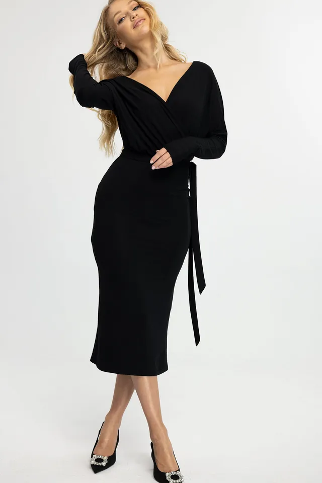 Nudyess Batwing sukienka midi Black kimono pasek