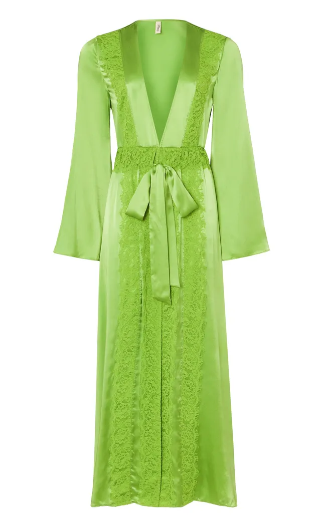 Temperley London Thalia szlafrok satynowy zielony koronka