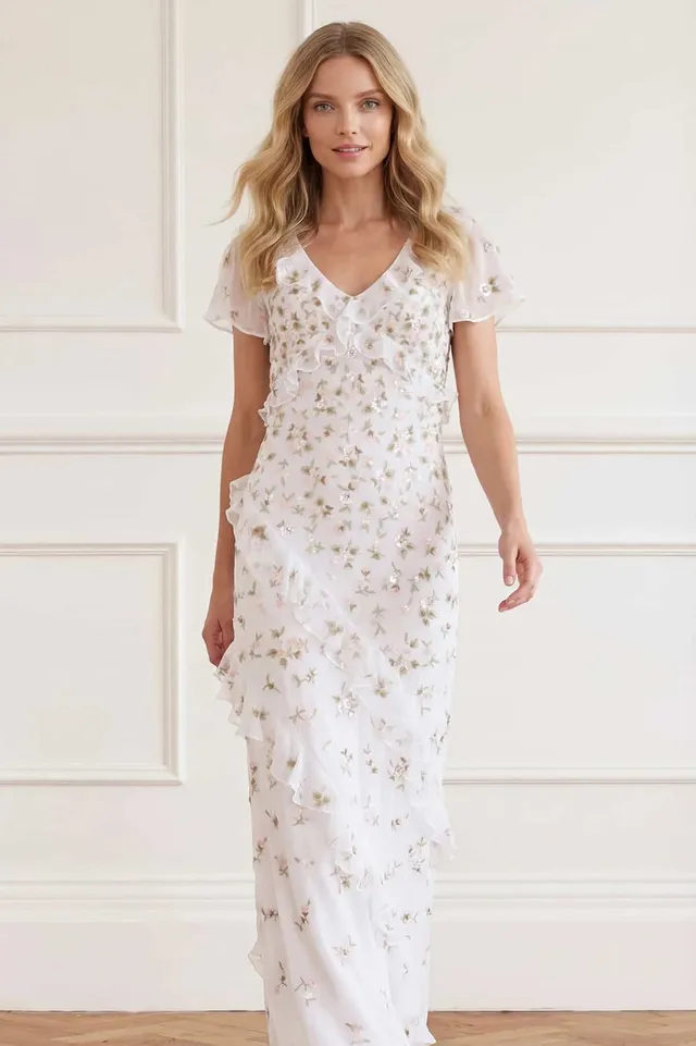 Needle & Thread Meadow Ditsy Georgette Gown sukienka biała haftowana