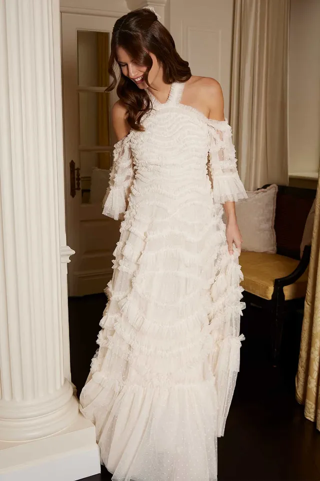 Needle & Thread Bronte Off-Shoulder Gown sukienka kremowa falbany