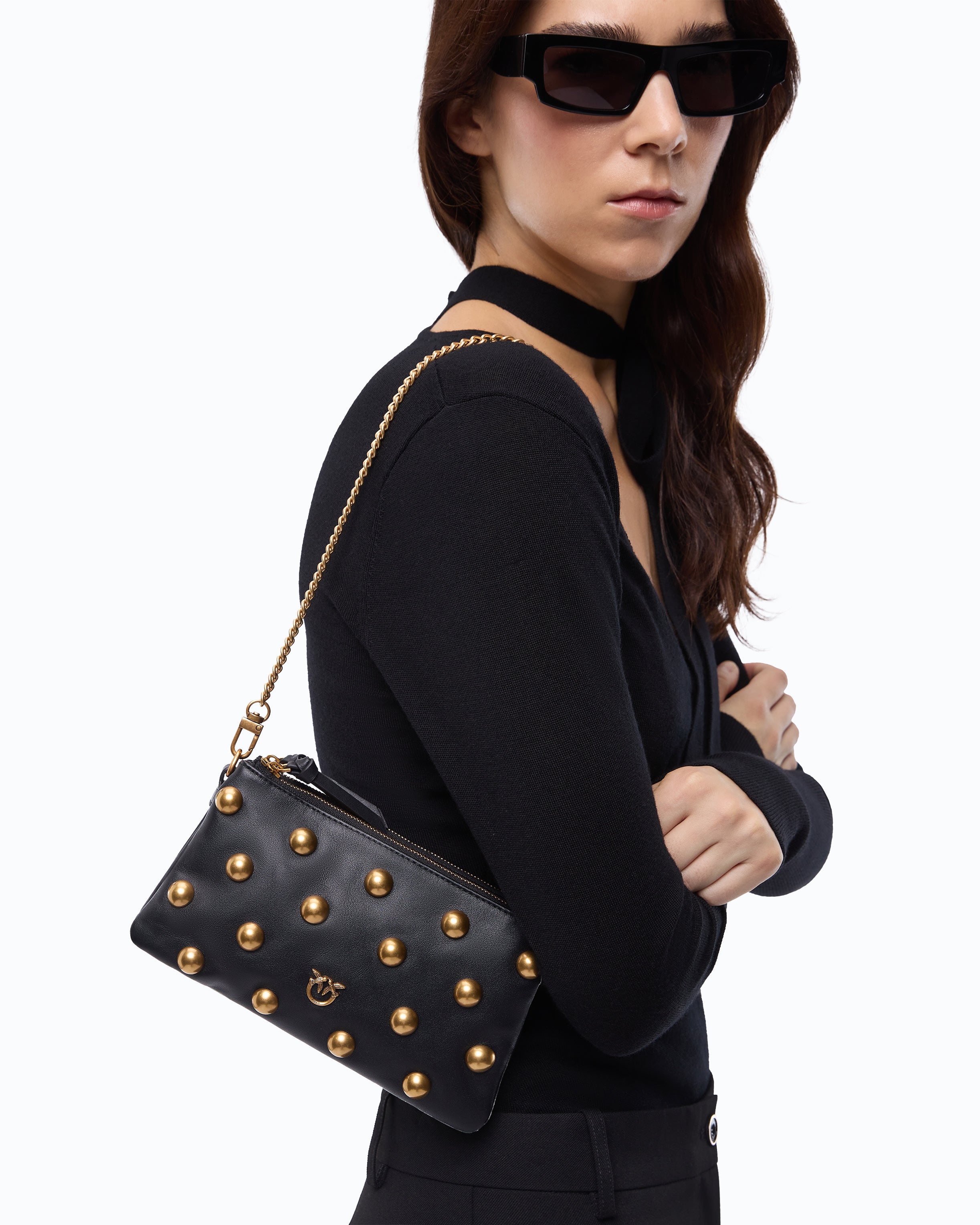 Pinko Mini Double Bag torebka czarna ćwieki skóra