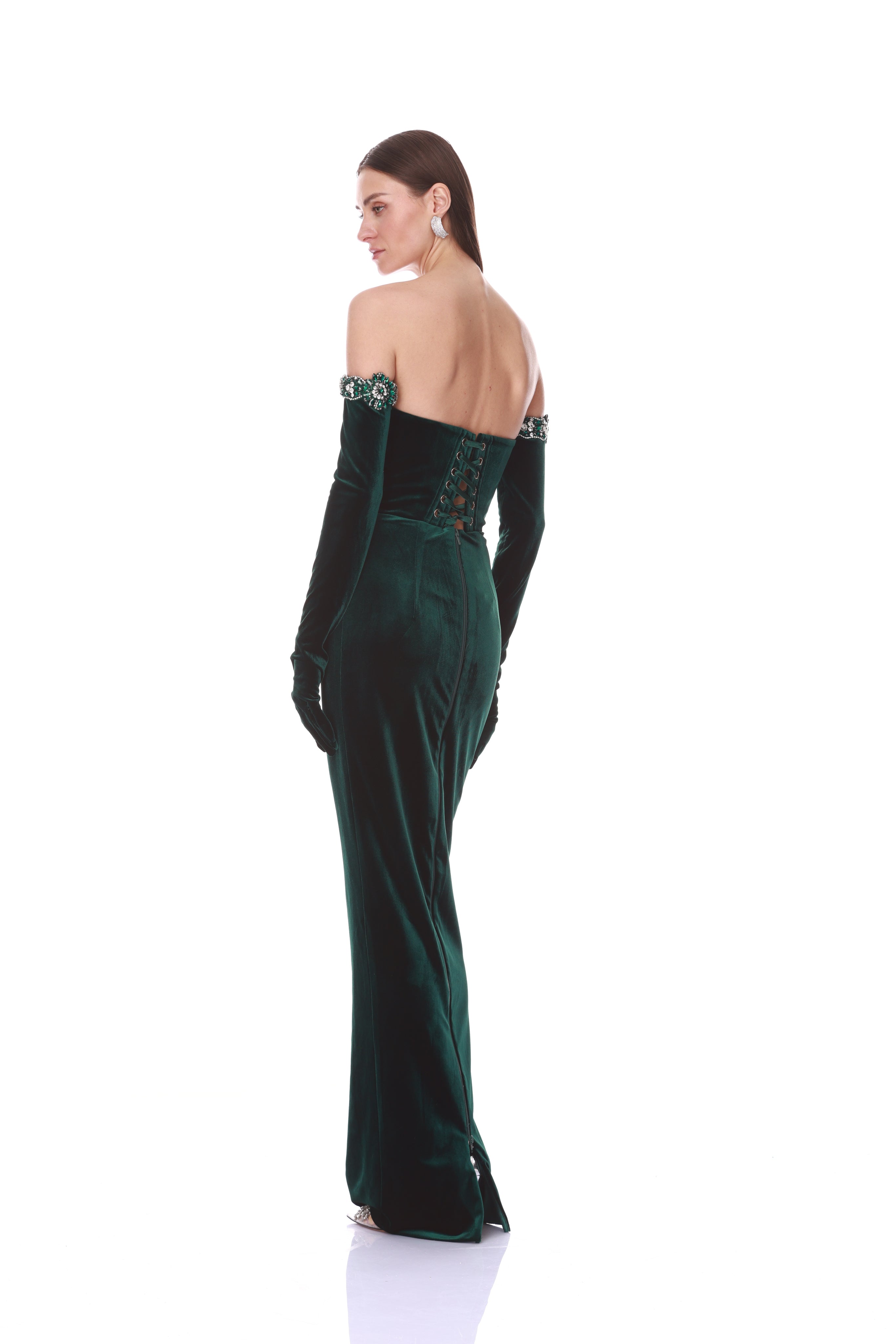 Bronx and Banco Velvet Strapless sukienka maxi szmaragdowa z rękawiczkami