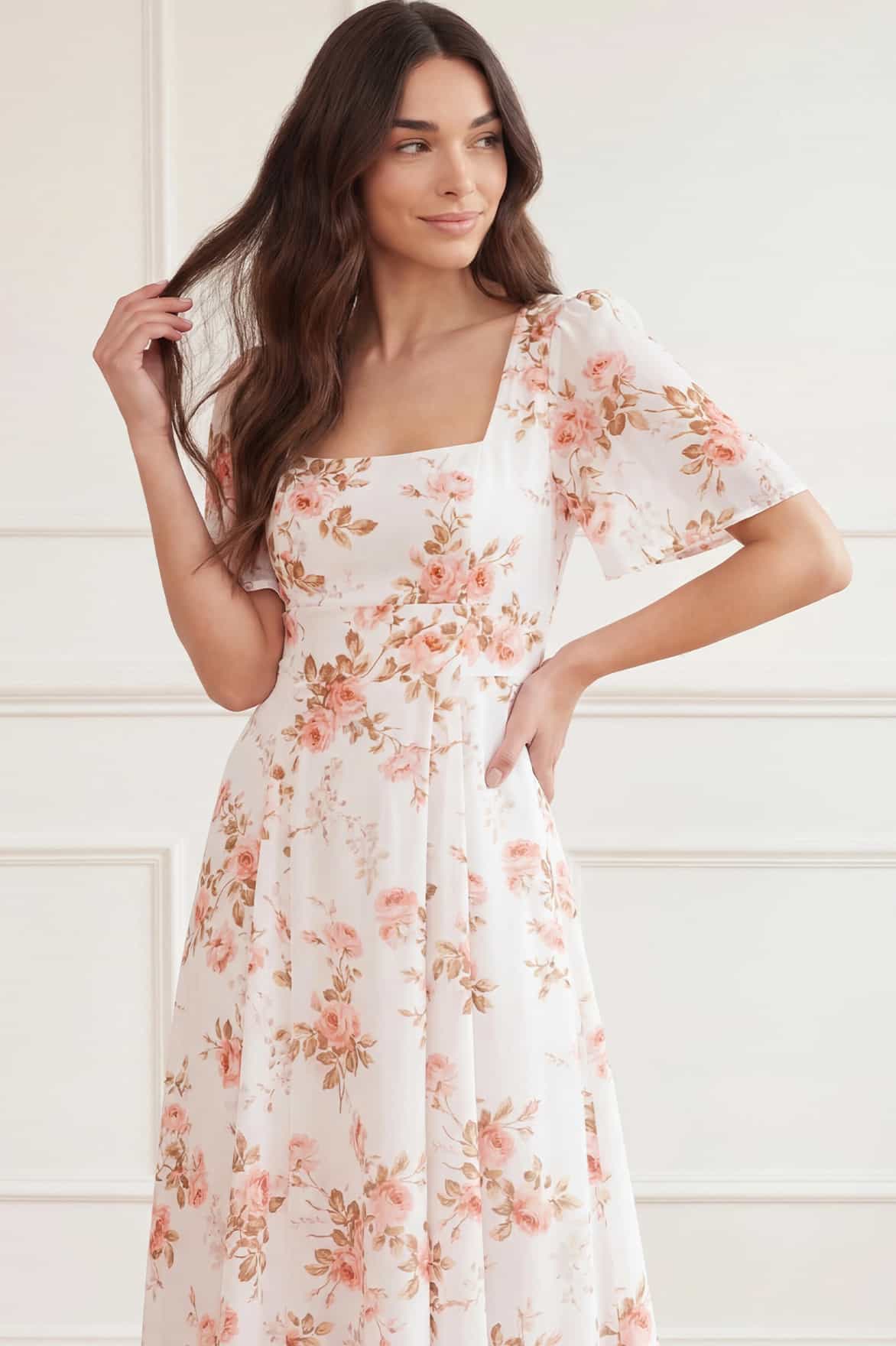 Needle & Thread Summer's Rose Short Sleeve Ankle Gown suknia biała