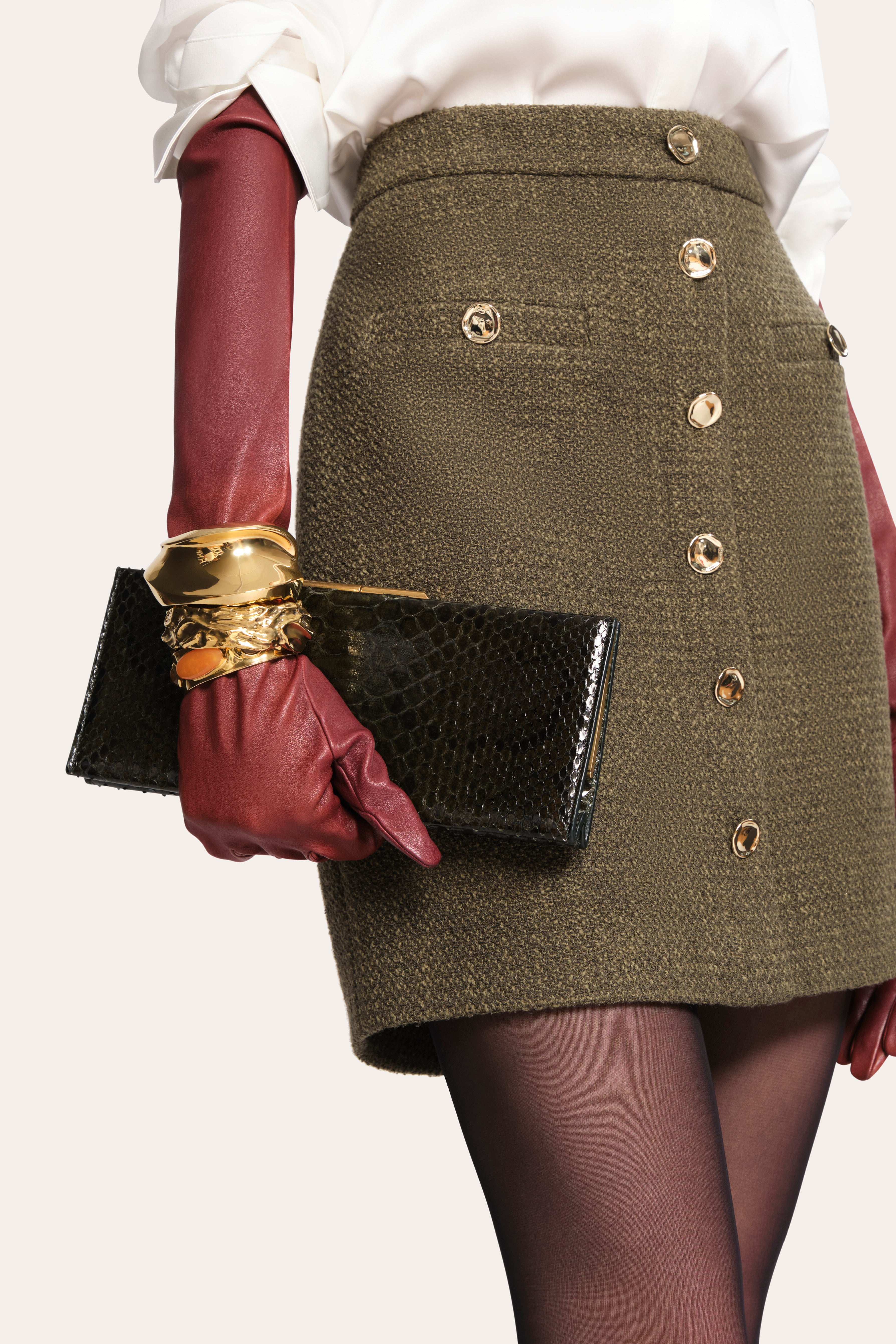 Elie Tahari Ella Tweed spódnica oliwkowa tweedowa