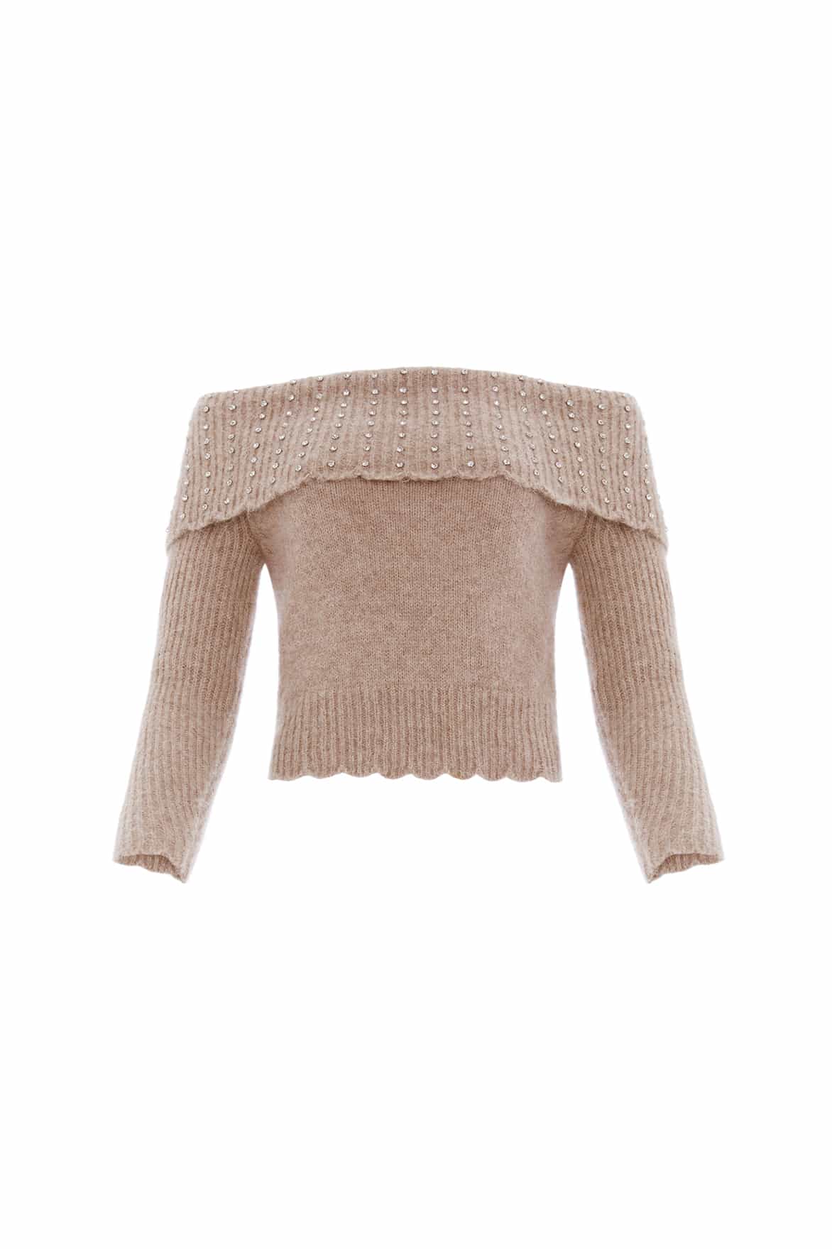 Needle & Thread Embellished Bardot sweter Beige z alpaką