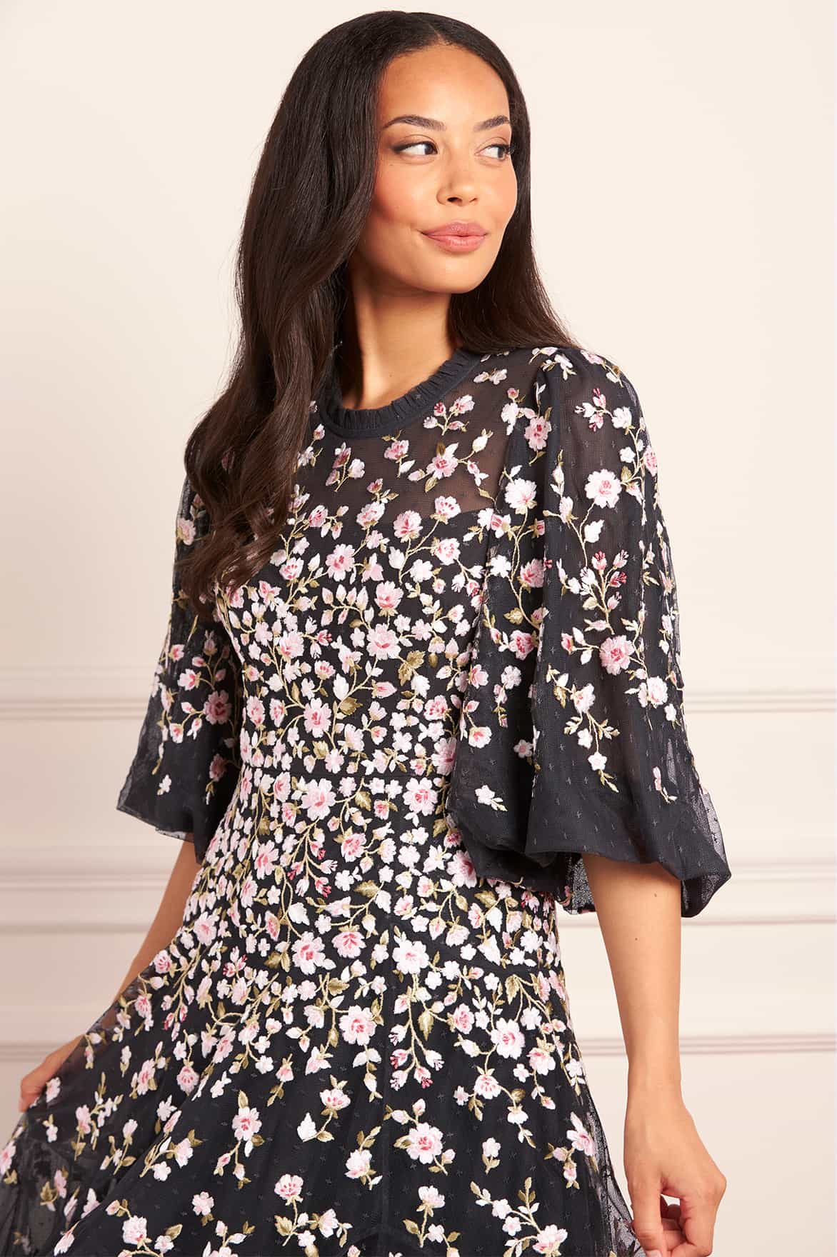 Needle & Thread Sylvia Rose Round Neck Ankle Gown suknia czarna