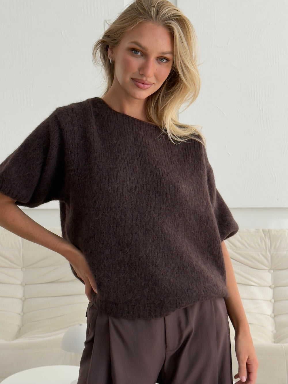 Nudyess Como sweter Brown z alpaki z wiązaniem
