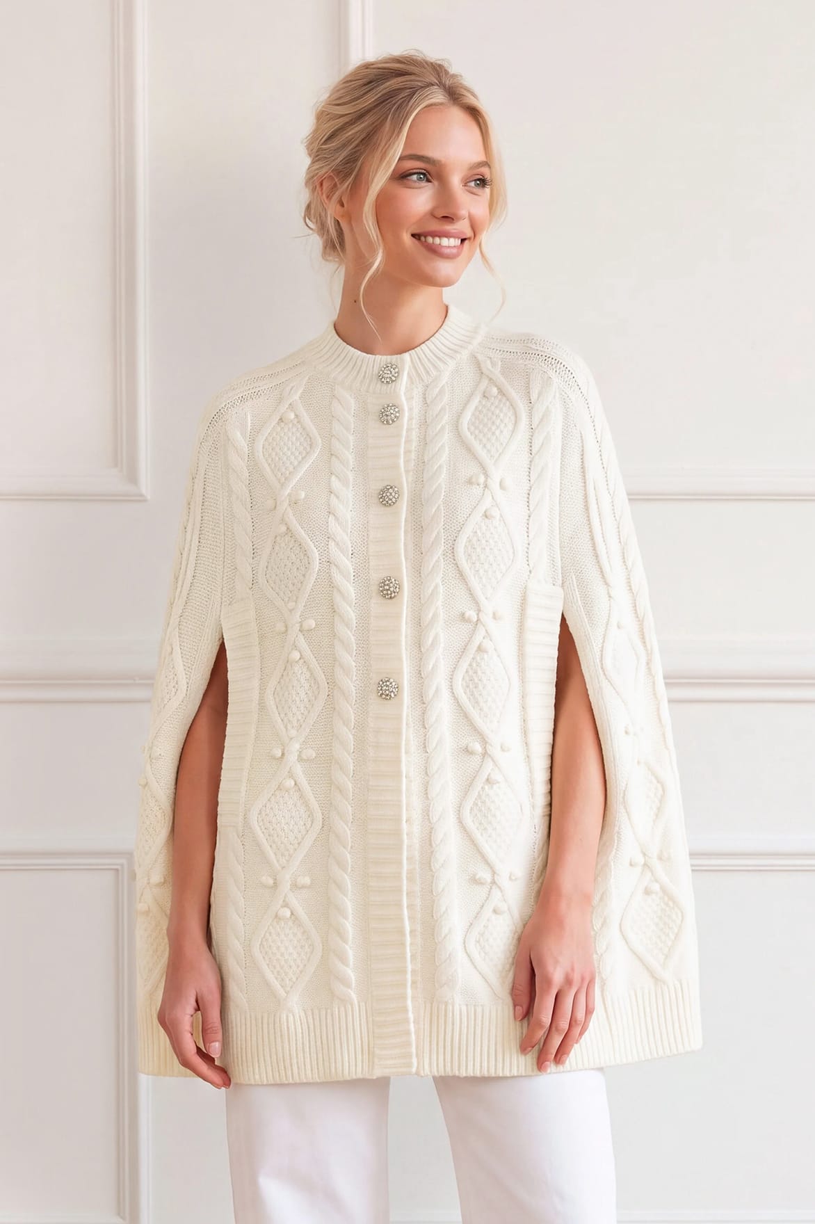 Needle & Thread Sylvie Cable Jewelled Cape peleryna kremowa z alpaki