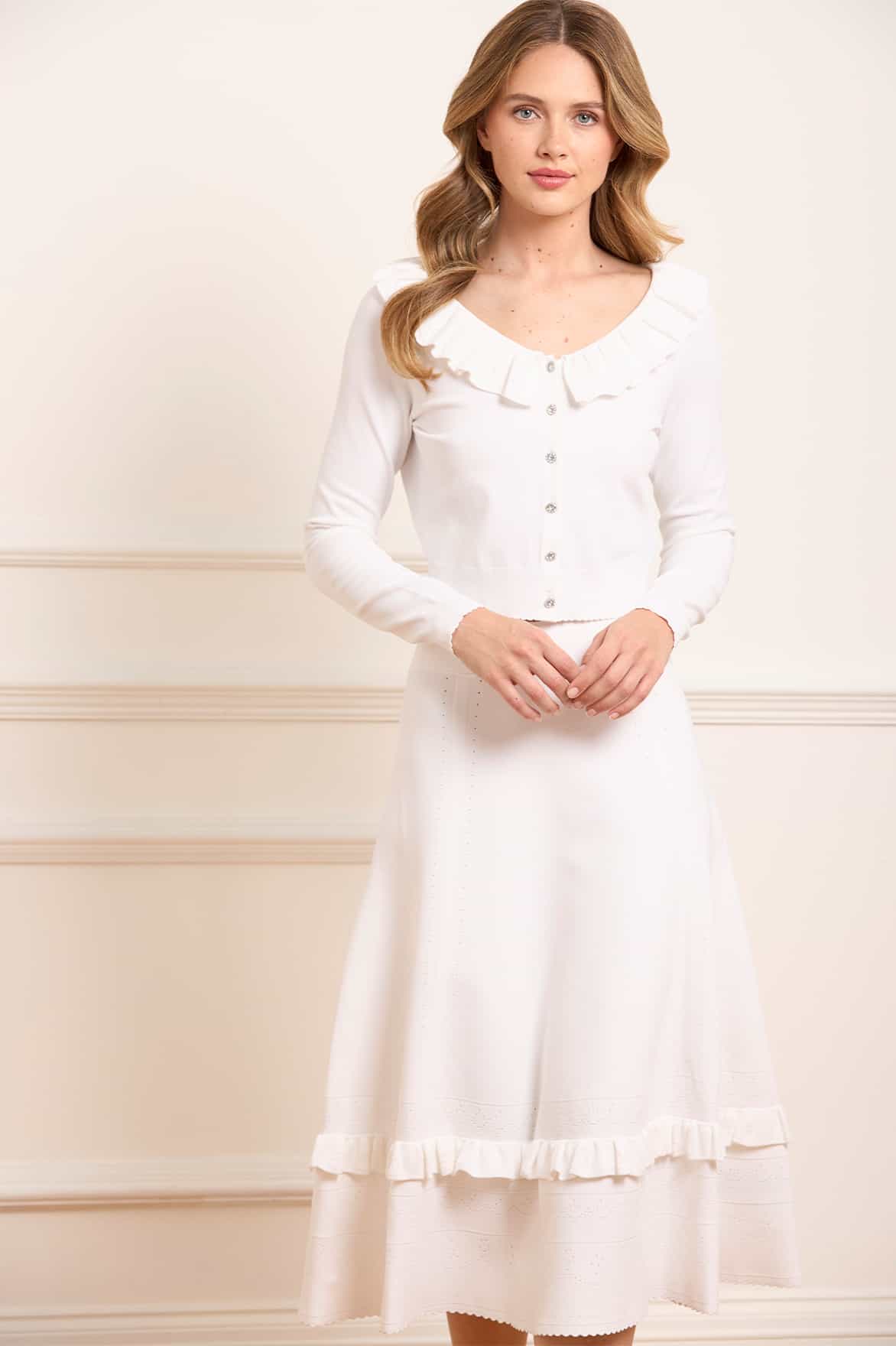 Needle & Thread Pointelle Trim Knit kardigan kremowy krótki
