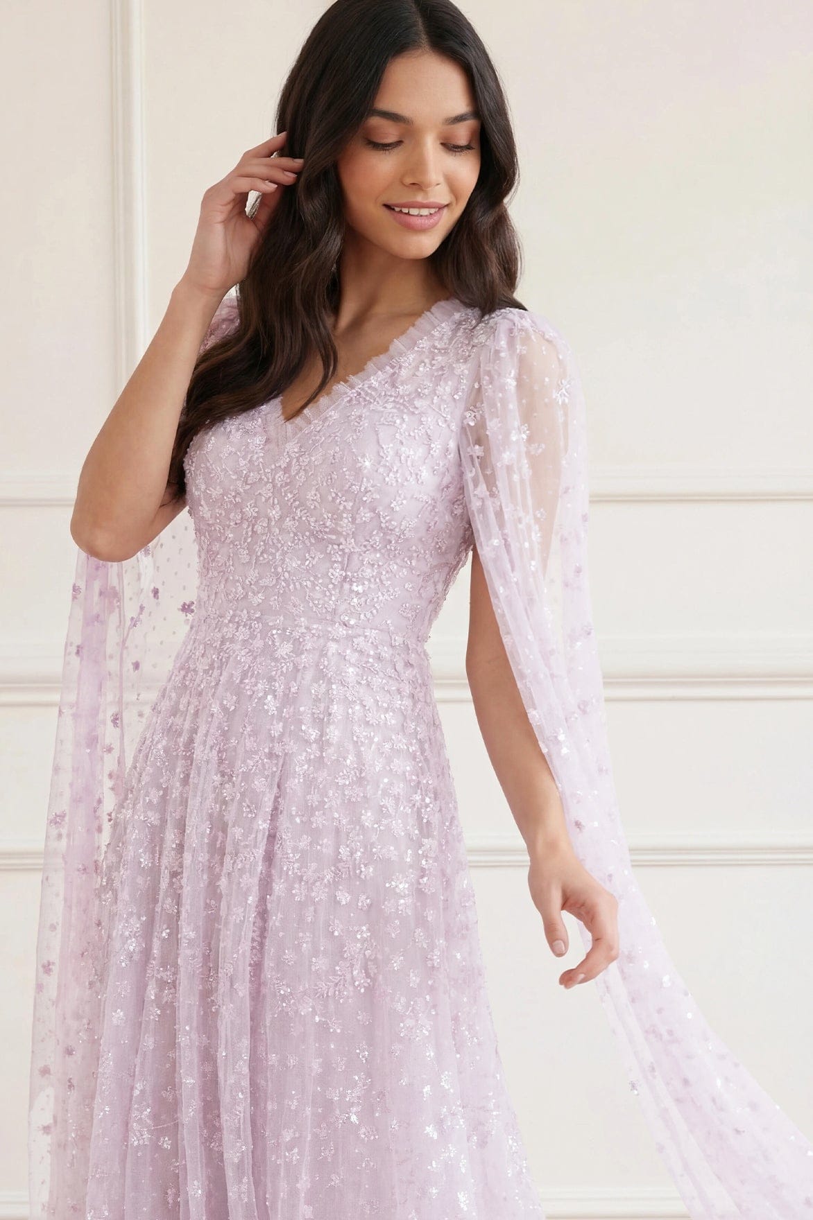 Needle & Thread Clover Cape Sleeve Ankle Gown sukienka Purple
