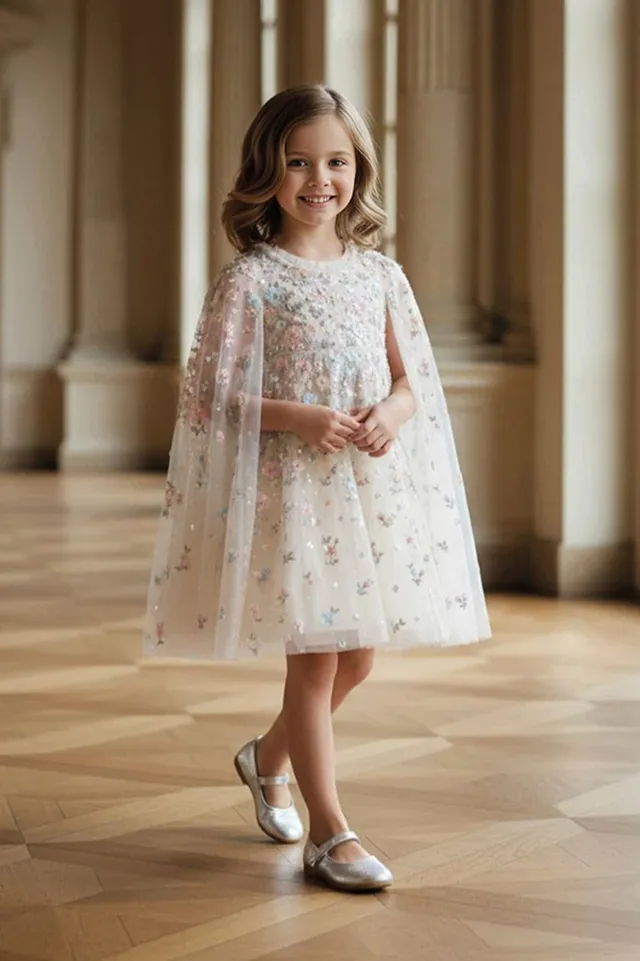 Needle & Thread Dahlia Ditsy Cape Kids Dress sukienka kremowa