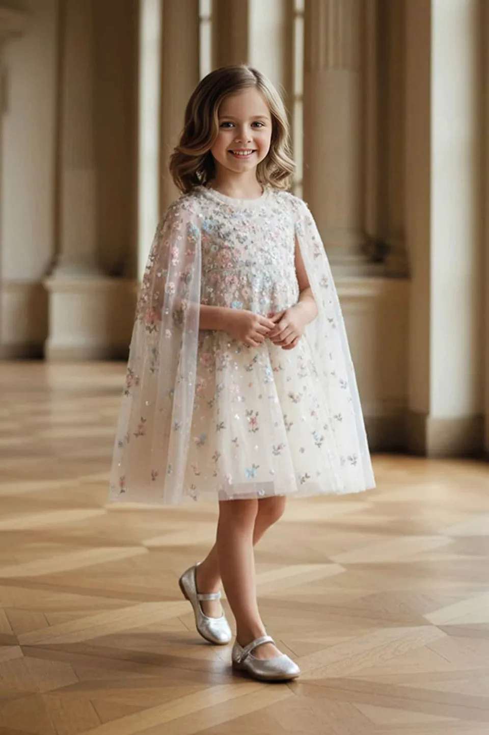 Needle & Thread Dahlia Ditsy Cape Kids Dress sukienka kremowa