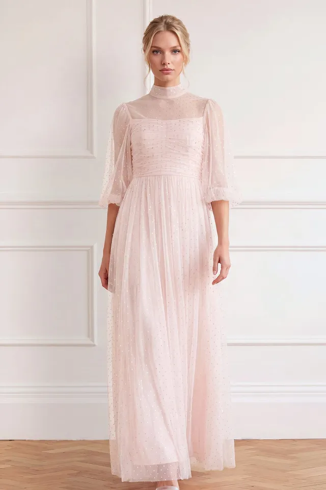 Needle & Thread Amaya Shimmer Long Sleeve Gown suknia różowa