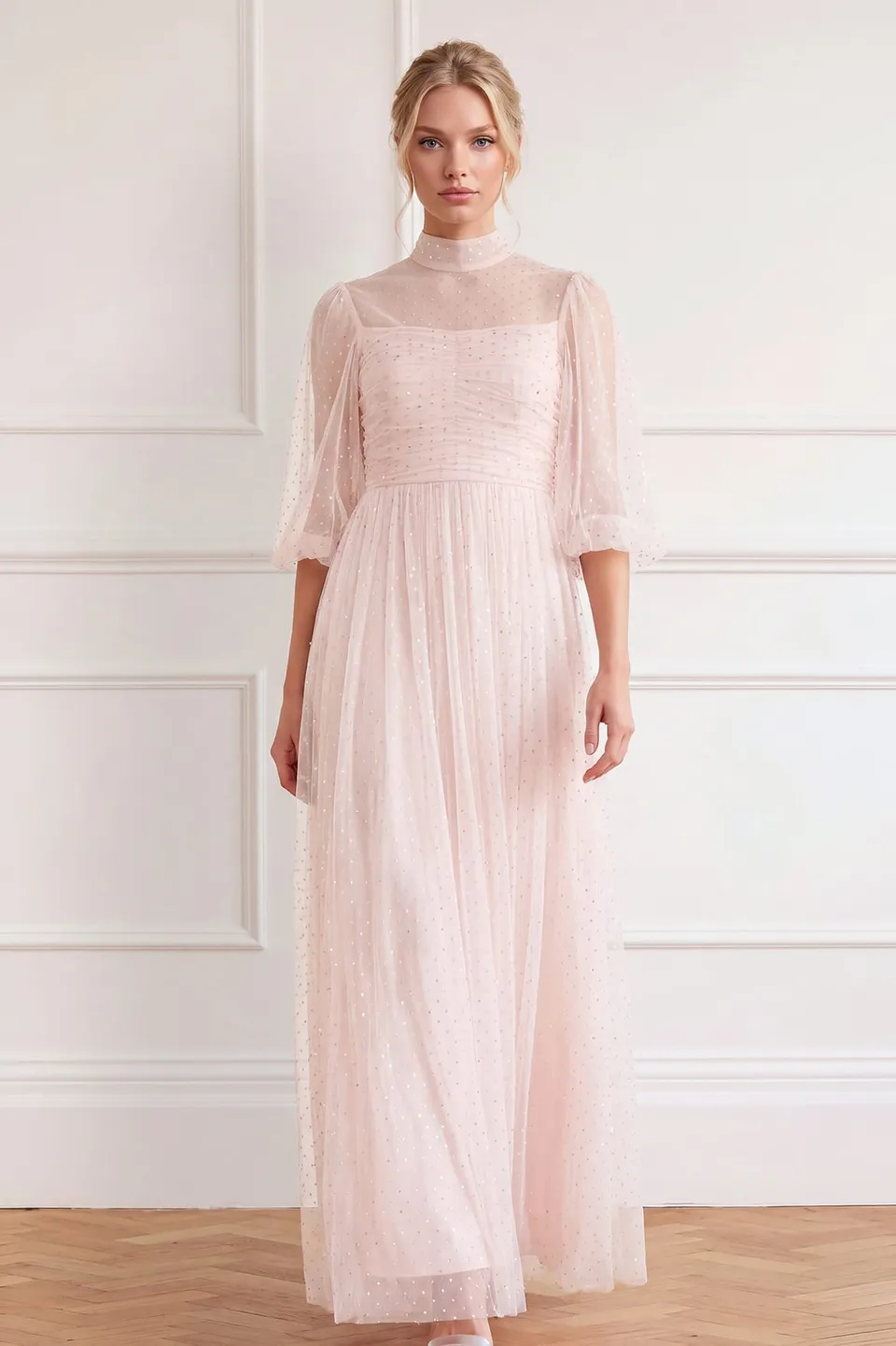 Needle & Thread Amaya Shimmer Long Sleeve Gown suknia różowa