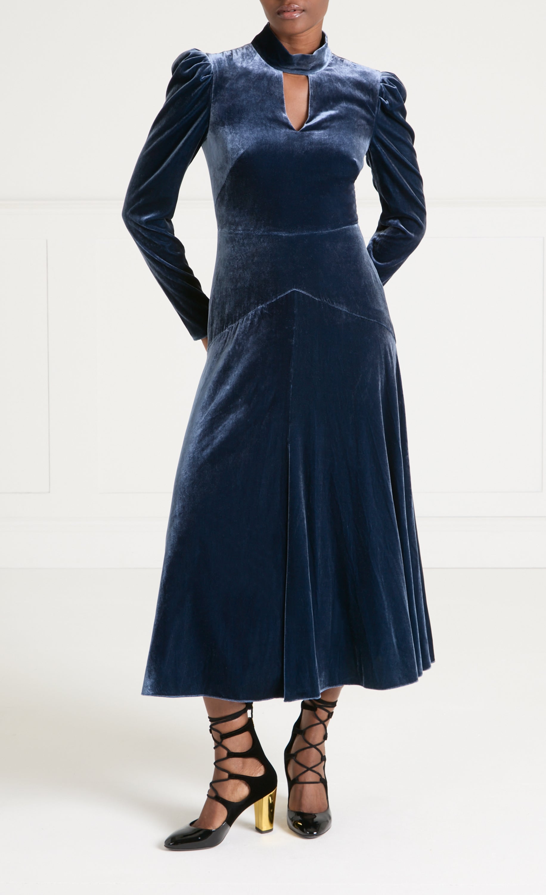 Temperley London Clarice Split Dress sukienka niebieska welurowa