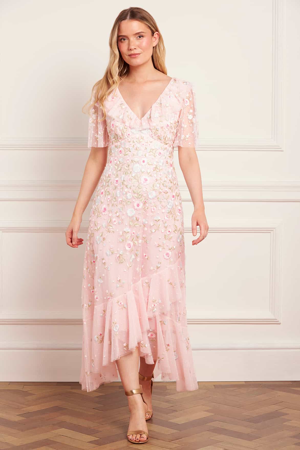 Needle & Thread Ethereal Blooms Frill Ankle Gown sukienka Pink