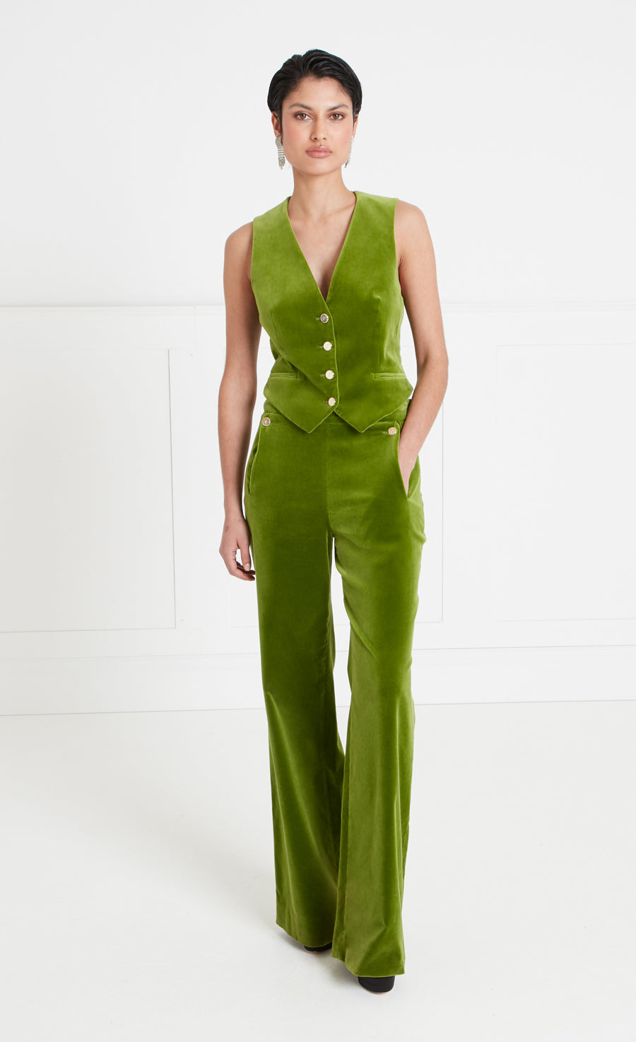 Temperley London Clove Velvet Waisted Trousers spodnie chartreuse wysoki stan