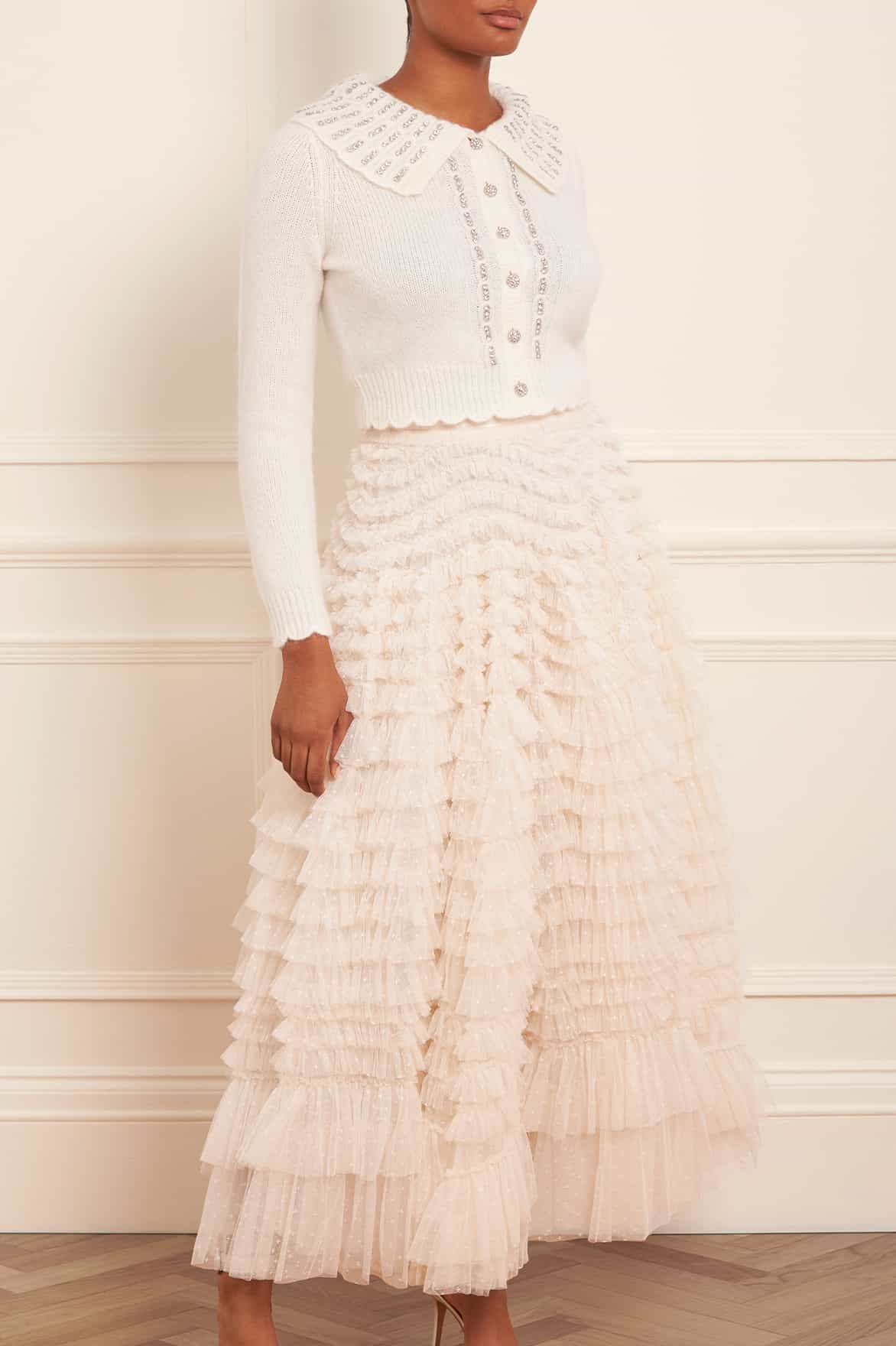Needle & Thread Hattie Ruffle Ankle Skirt spódnica kremowa