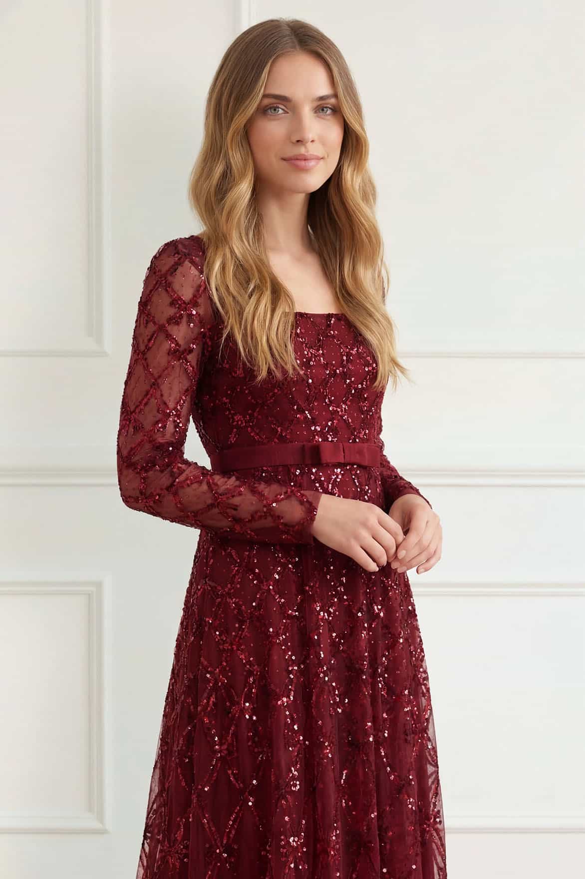 Needle & Thread Bow Lattice Ankle Gown sukienka czerwona